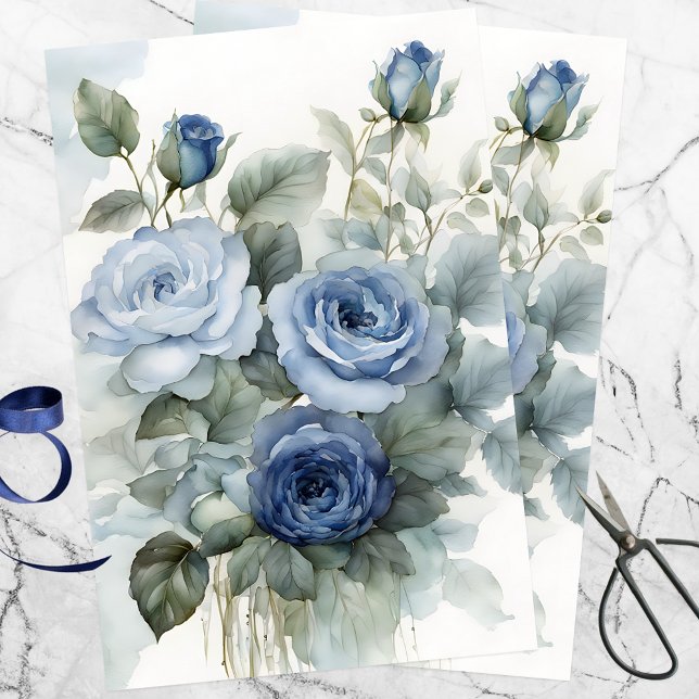 Papier Mousseline Aquarelle artistique sophistiquée Roses bleus (Créateur téléchargé)