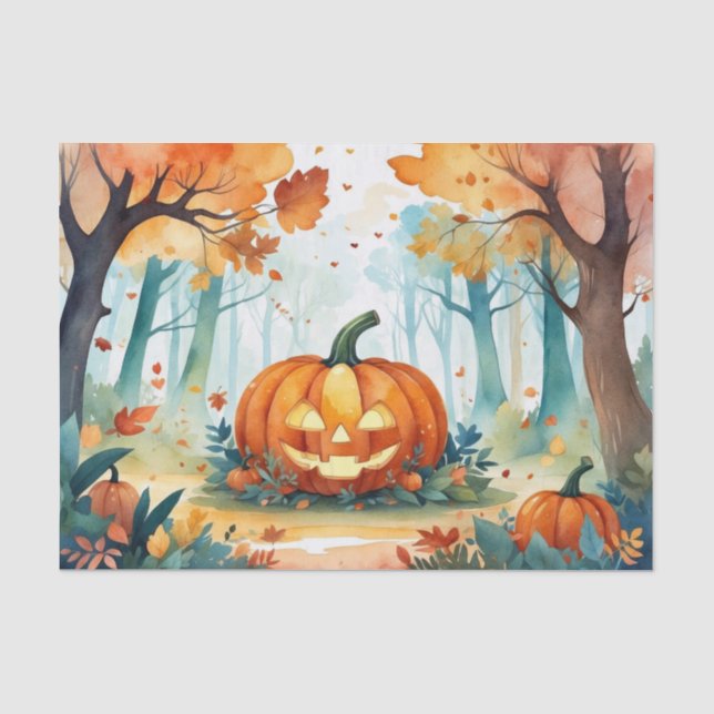 Papier Mousseline Aquarelle Automne Citrouille Feuille Forêt (Recto)