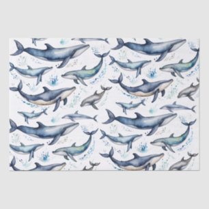 Papier Mousseline Aquarelle Baleines bleues et dauphins, animal mari