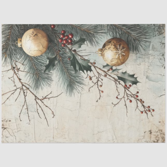 Papier Mousseline Aquarelle Baubles d'or de Noël baie sainte (Recto)