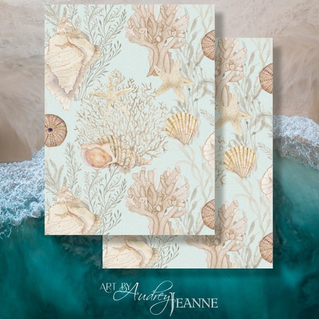 Papier Mousseline Aquarelle Beach Corail Starfish Sea Shell Aqua (Créateur téléchargé)