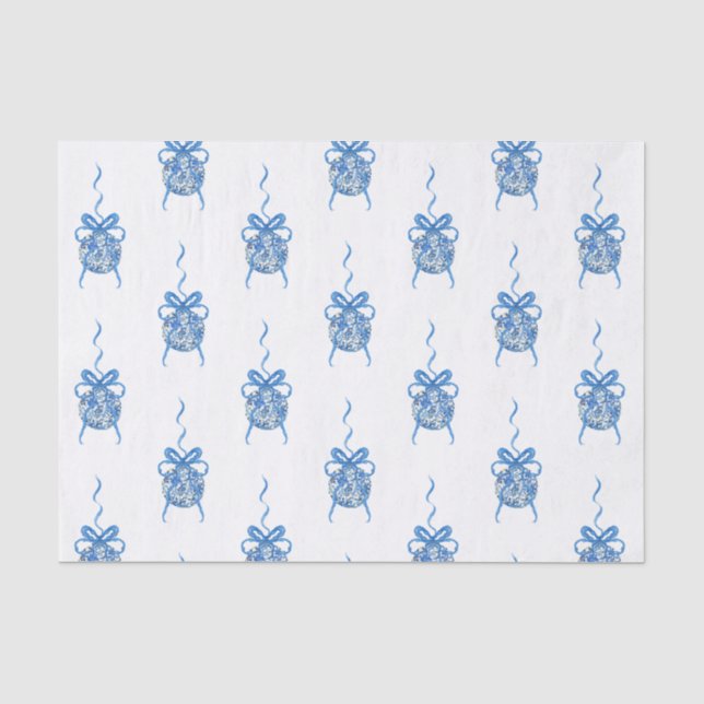 Papier Mousseline Aquarelle Bleu Chinoiserie Ornements Noël (Recto)