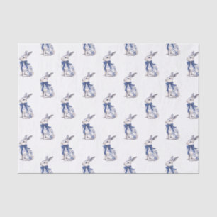 Papier Mousseline Aquarelle Bleu et blanc Chinoiserie Lapin Rabbit