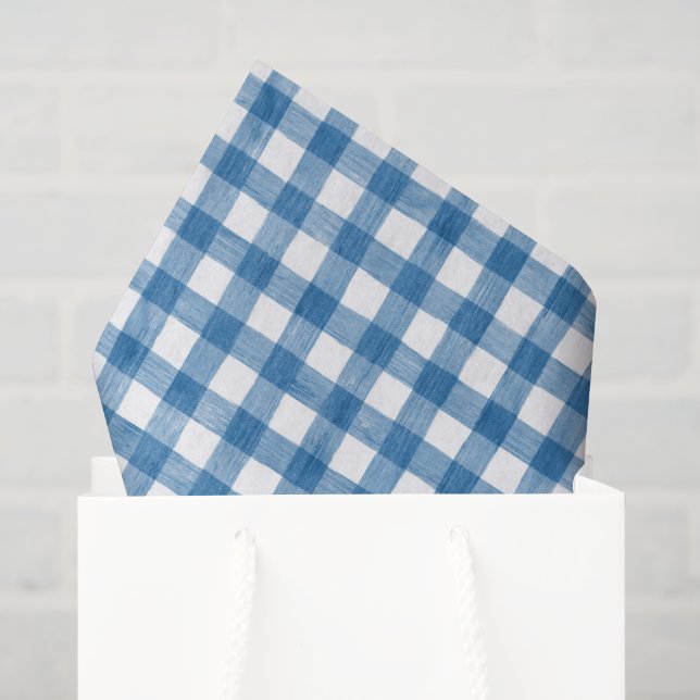 Papier Mousseline Aquarelle bleu et blanc En vichy (Sac cadeau)
