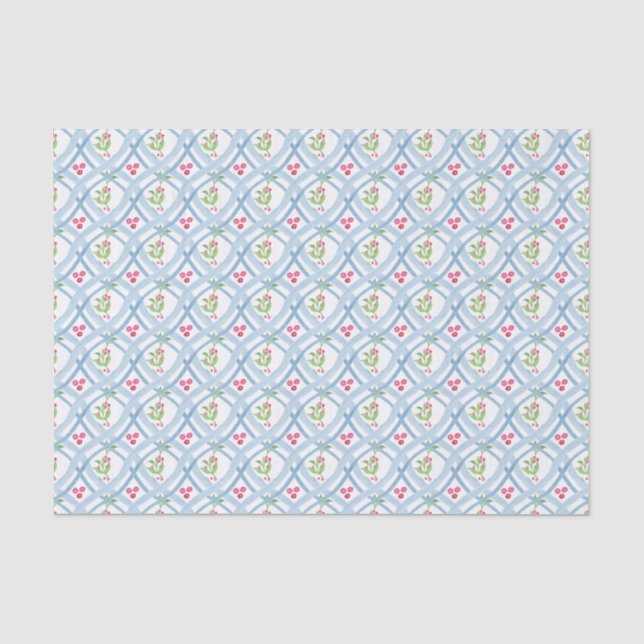 Papier Mousseline Aquarelle Bleu et rose Ruban & Holly (Recto)