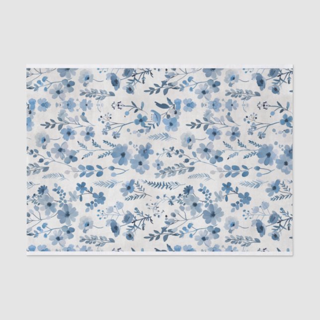 Papier Mousseline Aquarelle Bleu Fleurs botaniques Motif no 2 (Recto)