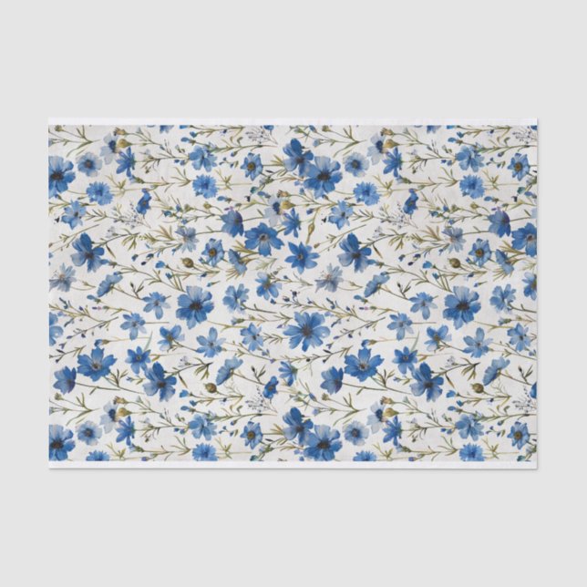 Papier Mousseline Aquarelle Bleu Fleurs botaniques Motif no 4 (Recto)