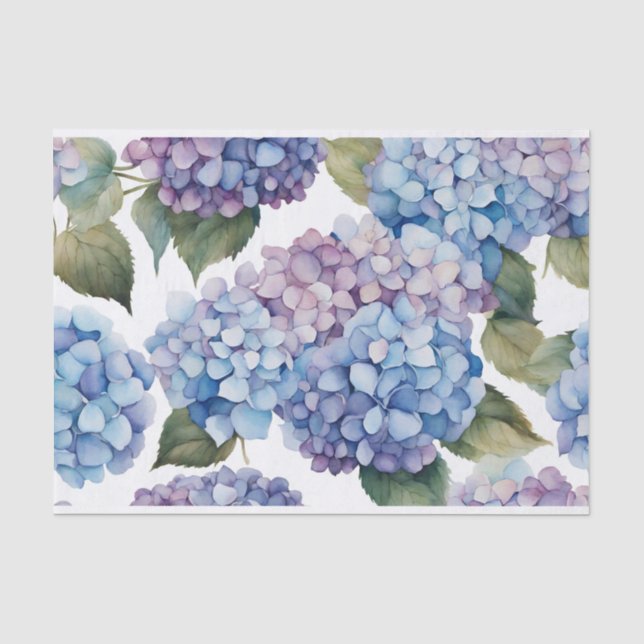 Papier Mousseline Aquarelle Bleu, Fleurs d'hydrangée violette (Recto)
