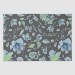Papier Mousseline Aquarelle bleu sur gris foncé floral