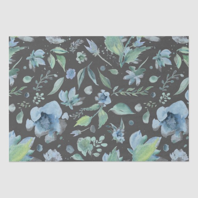 Papier Mousseline Aquarelle bleu sur gris foncé floral (Recto)