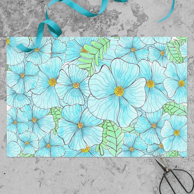 Papier Mousseline Aquarelle bleu turquoise Fleurs et verdure (Créateur téléchargé)
