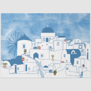 Papier Mousseline Aquarelle bleue et blanche Santorin Grèce