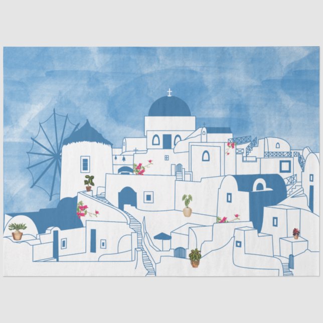 Papier Mousseline Aquarelle bleue et blanche Santorin Grèce (Recto)