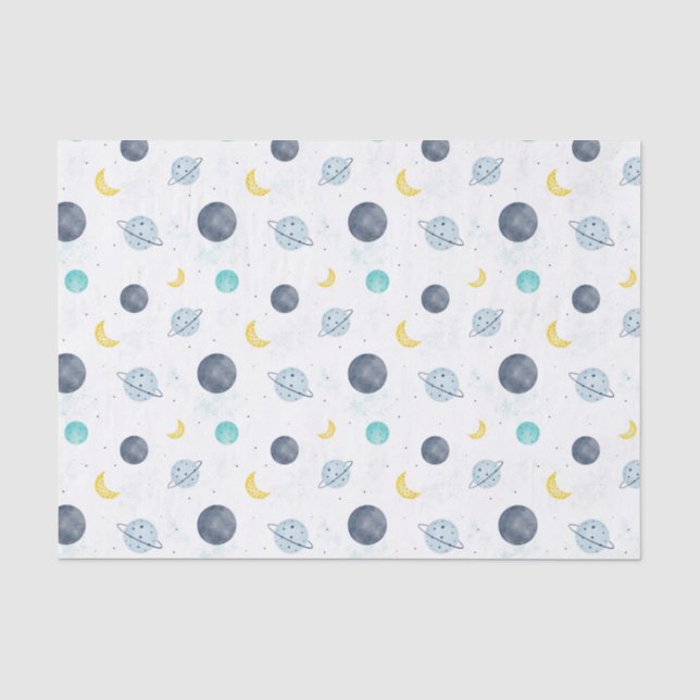 Papier Mousseline Aquarelle Blue Space Planet Motif (Recto)