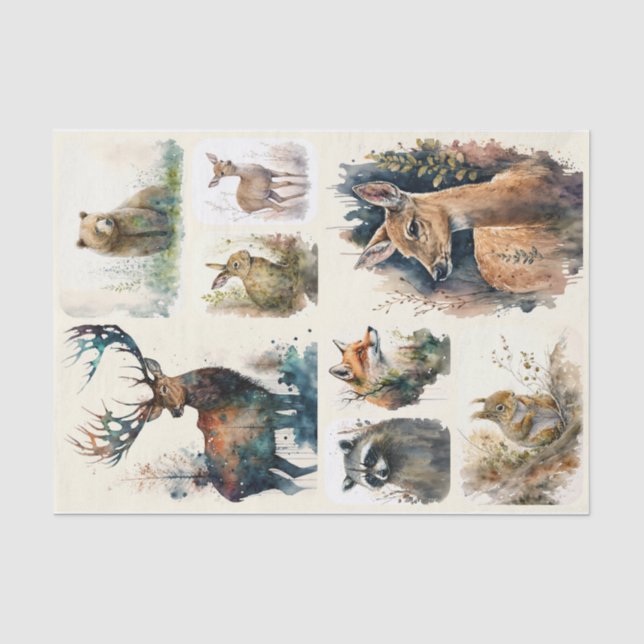 Papier Mousseline Aquarelle Bois Animaux (Recto)