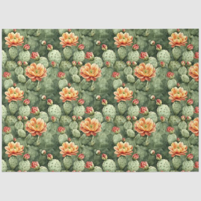 Papier Mousseline Aquarelle Cactus Orange Fleurs Motif Découpage (Recto)