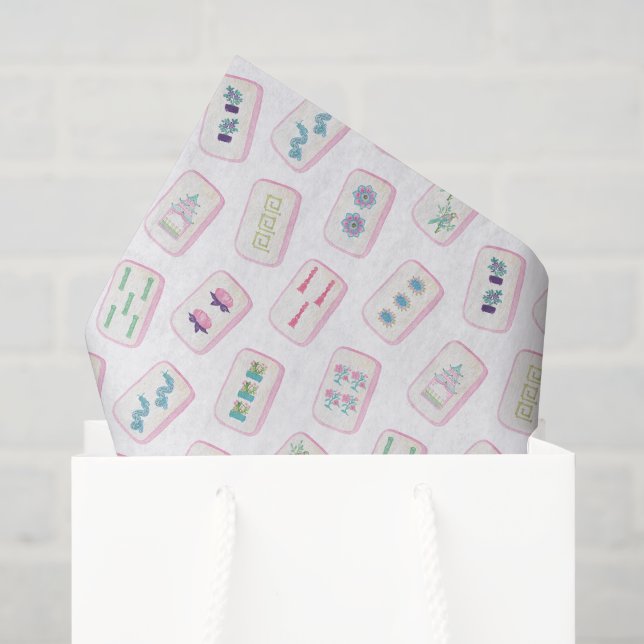 Papier Mousseline Aquarelle Carreaux de Mahjong rose et vert (Sac cadeau)