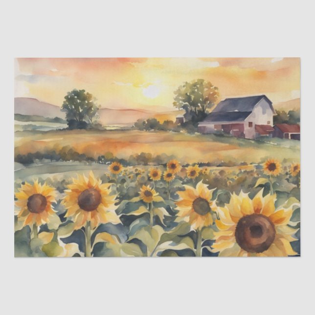 Papier Mousseline Aquarelle Champ de tournesol et lever du soleil (Recto)