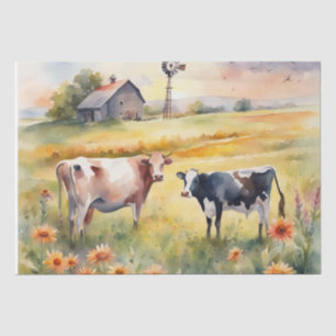 Papier Mousseline Aquarelle Champ de vaches et lever du soleil