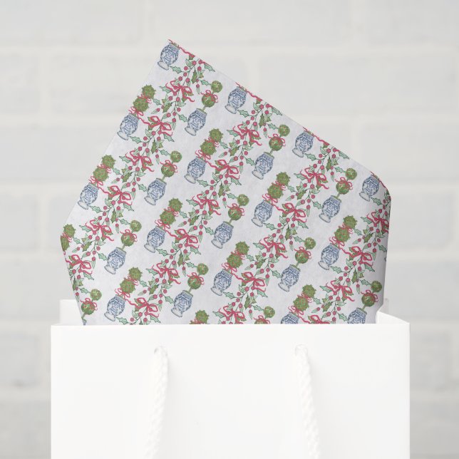 Papier Mousseline Aquarelle Chinoiserie Noël Bow rouge Topio (Sac cadeau)