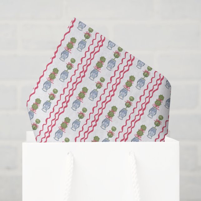 Papier Mousseline Aquarelle Chinoiserie Noël Bow rouge Topio (Sac cadeau)