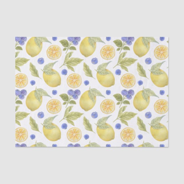 Papier Mousseline Aquarelle Citron et Fruit aux bleuets avec Feuille (Recto)