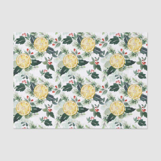 Papier Mousseline Aquarelle Citrons et verdure Motif de Noël (Recto)
