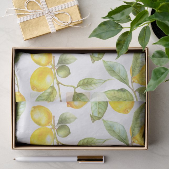 Papier Mousseline Aquarelle Citrons Motif Citrus frais (Cadeau)