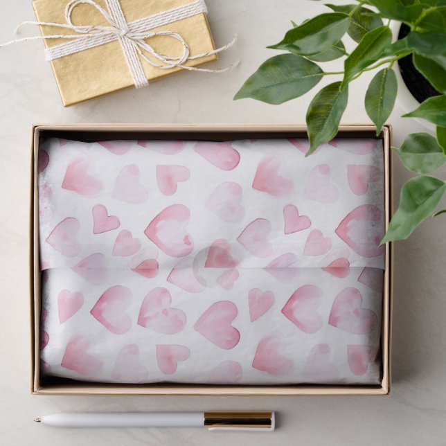 Papier Mousseline Aquarelle Coeurs roses Saint-Valentin (Cadeau)