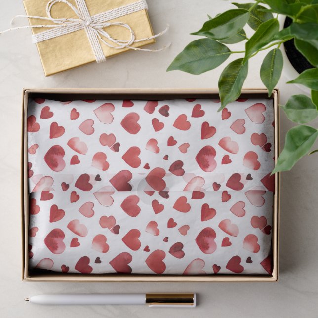 Papier Mousseline Aquarelle Coeurs rouges Saint Valentin (Cadeau)