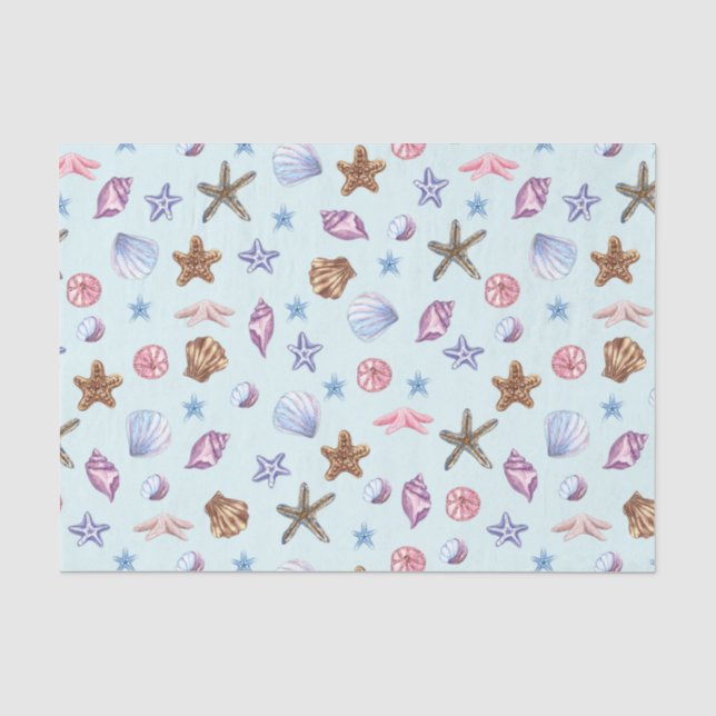 Papier Mousseline Aquarelle Coquillages Marine Vie Bleu clair (Recto)