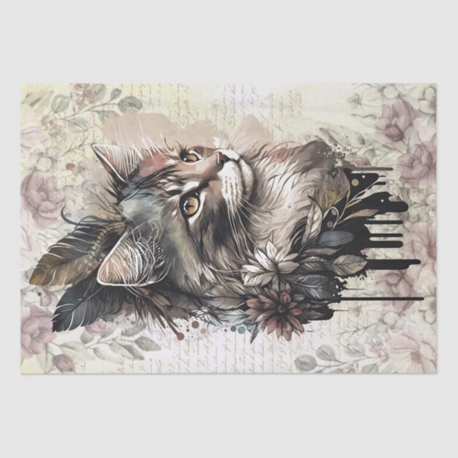 Papier Mousseline Aquarelle de chats floraux Boho (Recto)