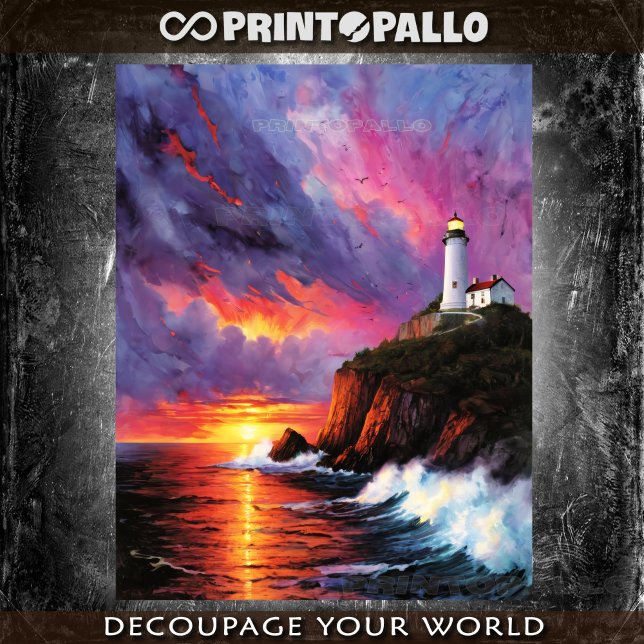 Papier Mousseline Aquarelle de la mer orageuse avec phare au coucher (Créateur téléchargé)