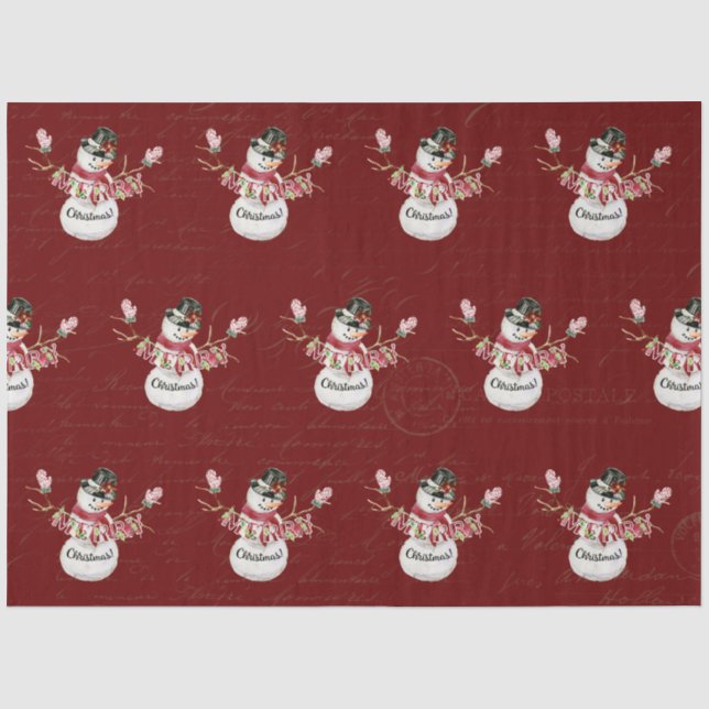 Papier Mousseline Aquarelle de Noël Snowman Rouge Script Découpage (Recto)