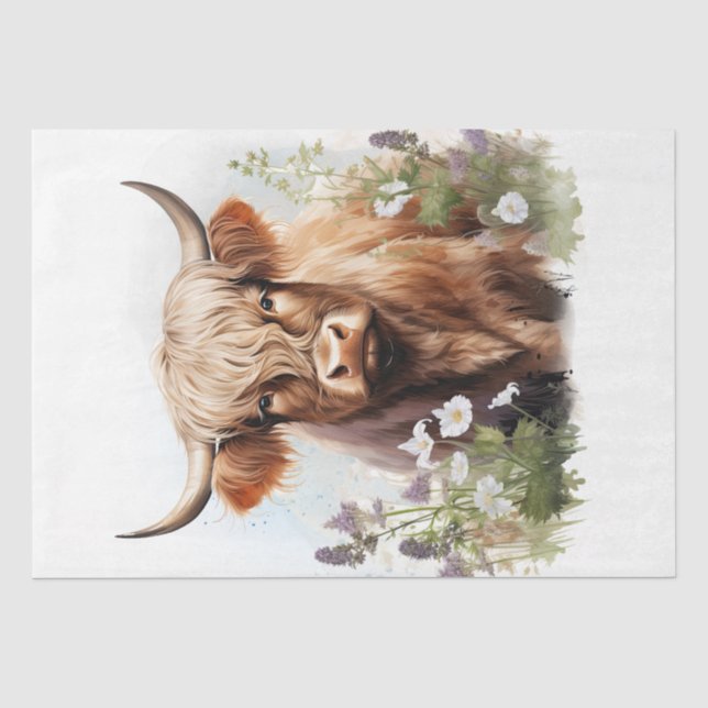 Papier Mousseline Aquarelle de vache à hautes terres florales (Recto)