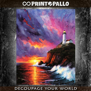 Papier Mousseline Aquarelle d'une mer orageuse avec un phare au couc