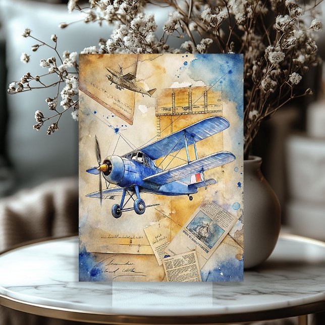 Papier Mousseline Aquarelle été voyage bleu rétro avion (Watercolor summer travel blue retro airplane tissue paper)