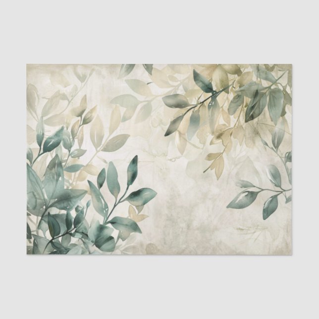 Papier Mousseline Aquarelle Eucalyptus Verdure sur découpage crème (Recto)