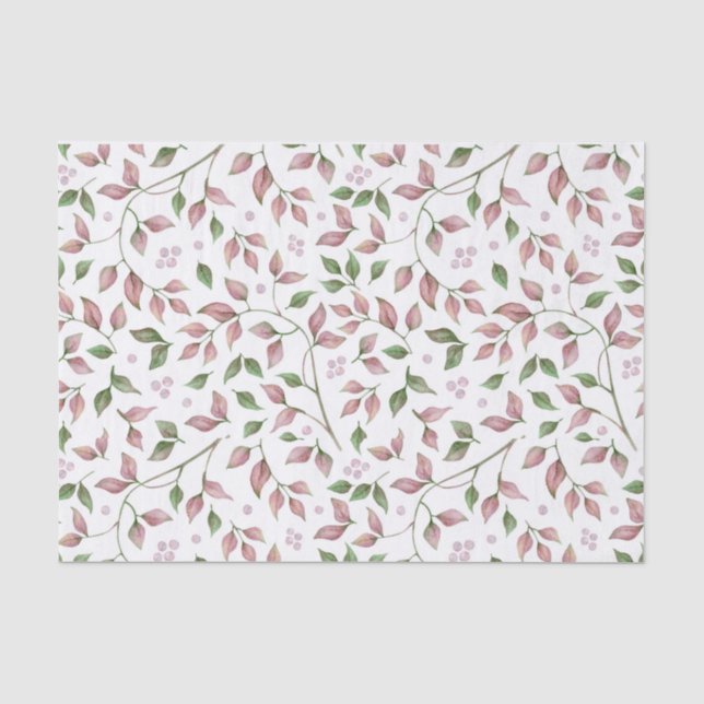 Papier Mousseline Aquarelle Feuilles roses et verts Baies roses | (Recto)