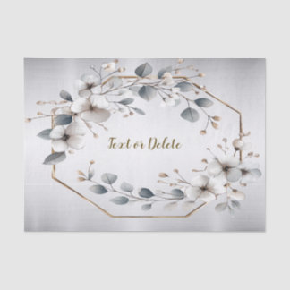 Papier Mousseline Aquarelle Fleurs blanches Cadre doré Argent Turquo
