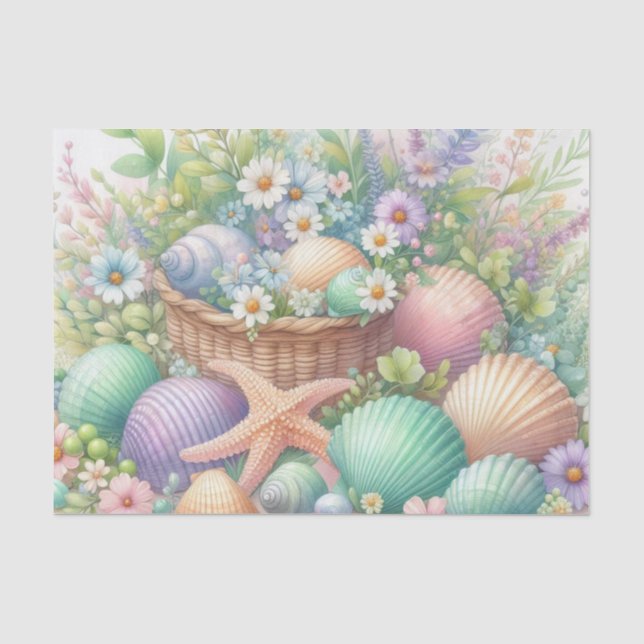 Papier Mousseline Aquarelle Fleurs et coquillages sur la plage (Recto)
