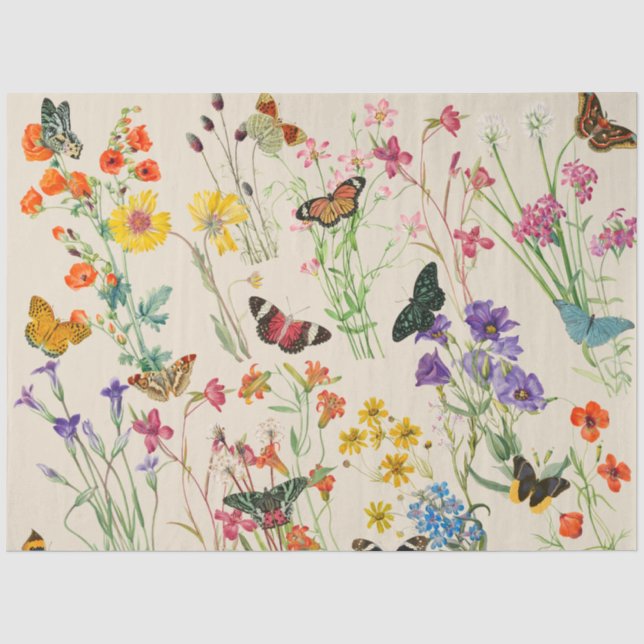 Papier Mousseline Aquarelle Fleurs sauvages & papillons Jardin Flora (Recto)