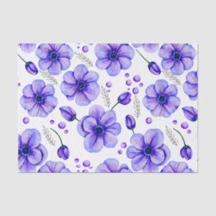 Papier Mousseline Aquarelle Fleurs violettes et Feuilles verts Flora