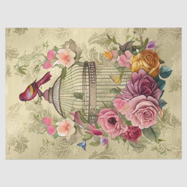 Papier Mousseline Aquarelle Florale Cage Or Découpage (Recto)