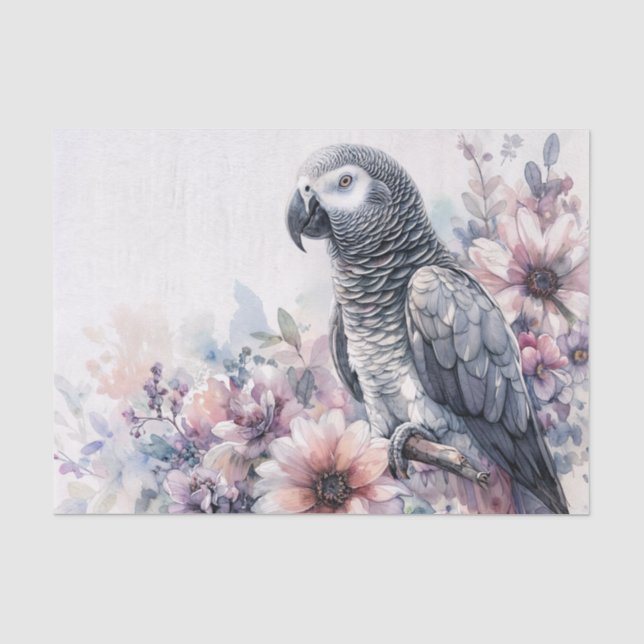 Papier Mousseline Aquarelle florale de perroquet gris Congo (Recto)