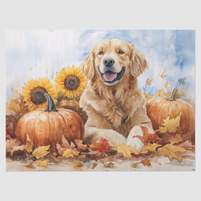 Papier Mousseline Aquarelle Golden Retriever avec découpage Citrouil (Recto)