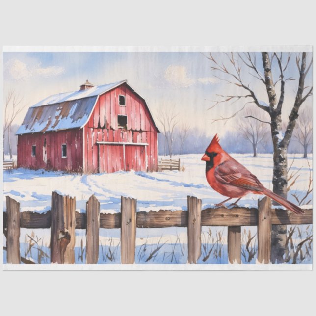 Papier Mousseline Aquarelle Grange rouge et découpage hivernal cardi (Recto)