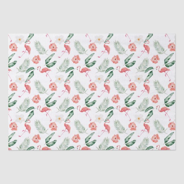 Papier Mousseline Aquarelle Hibiscus rose et Flamant rose Tropical (Recto)