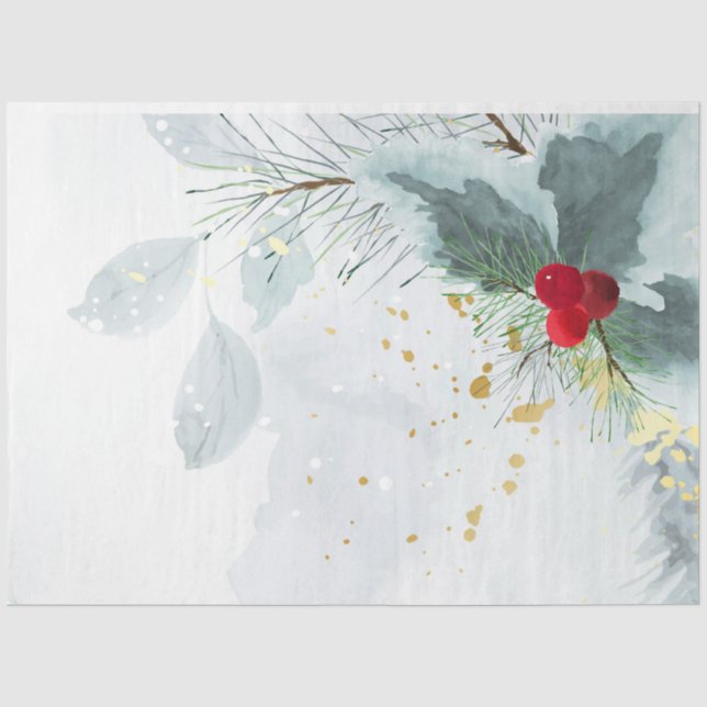 Papier Mousseline Aquarelle hiver Holly Berry Pine Twig Noël (Recto)