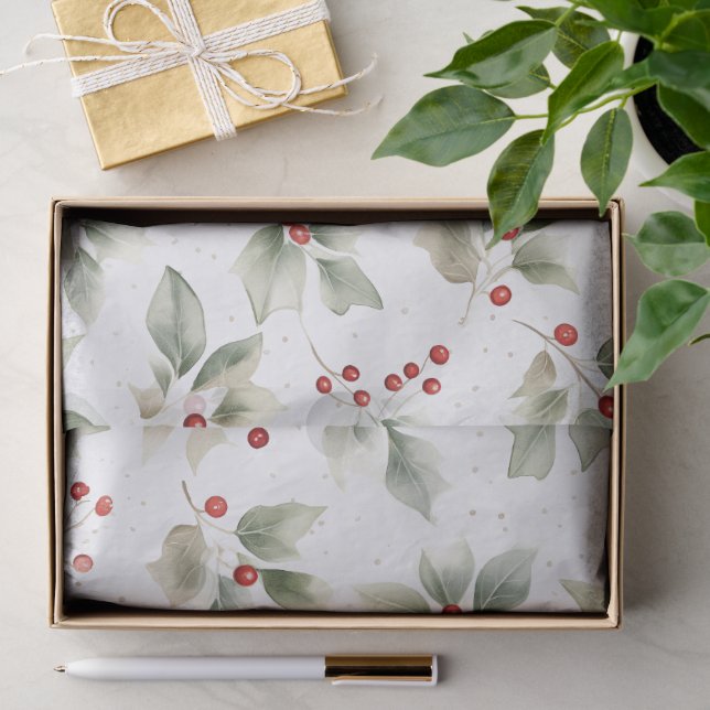 Papier Mousseline Aquarelle Holly et Berries (Cadeau)